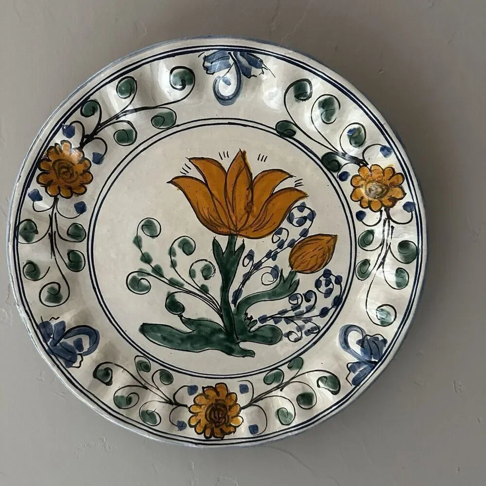 (2) Provence France Hand Painted Porcelain Floral Wall Plate Wave Edging
